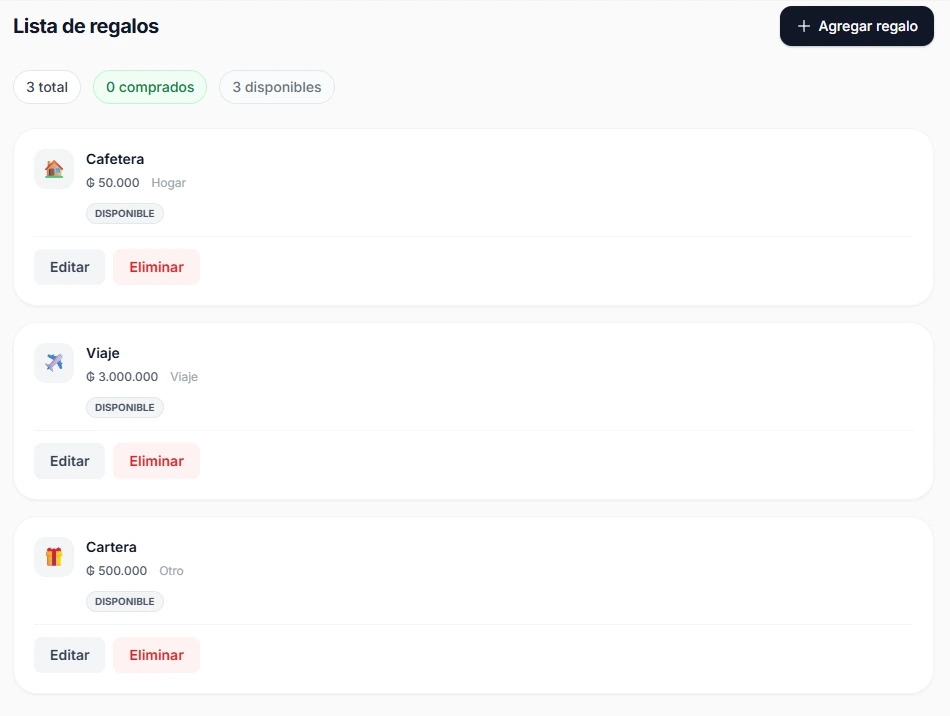 Lista de regalos digital en Vento: ítems con precio, categoría y estado disponible o comprado