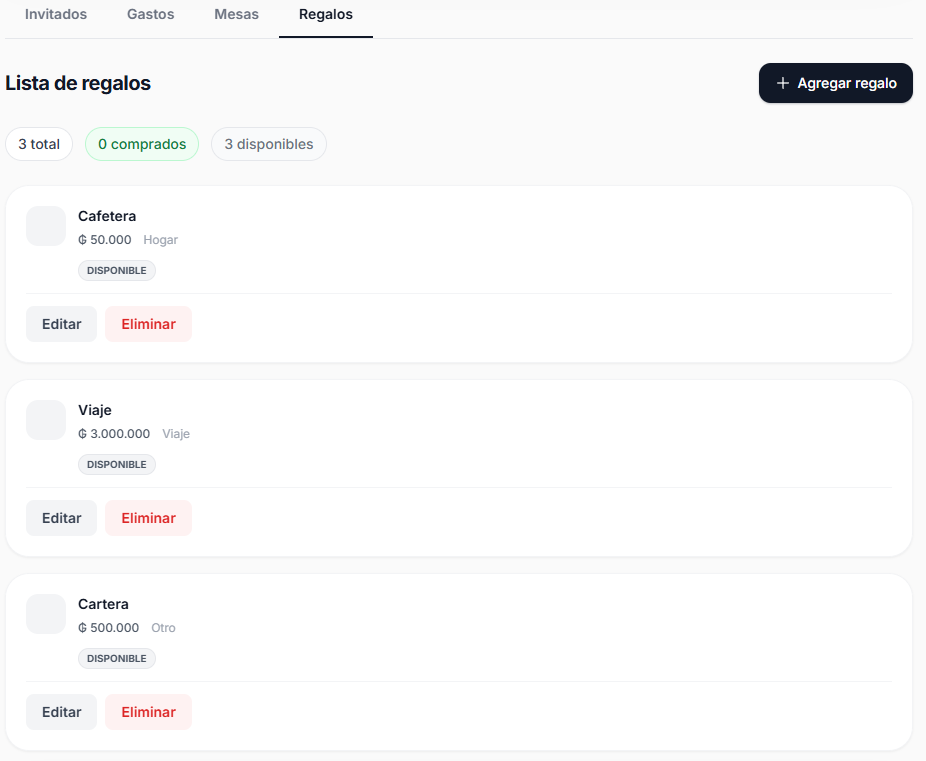 Lista de regalos de Vento